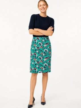 J by J. Crew Floral Printed Basketweave Pencil Skirt Green Coral Womens Size 0